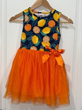 Ruffle Girl Navy Citrus Print Orange Tulle Bow Dress girls size 6 summer dress